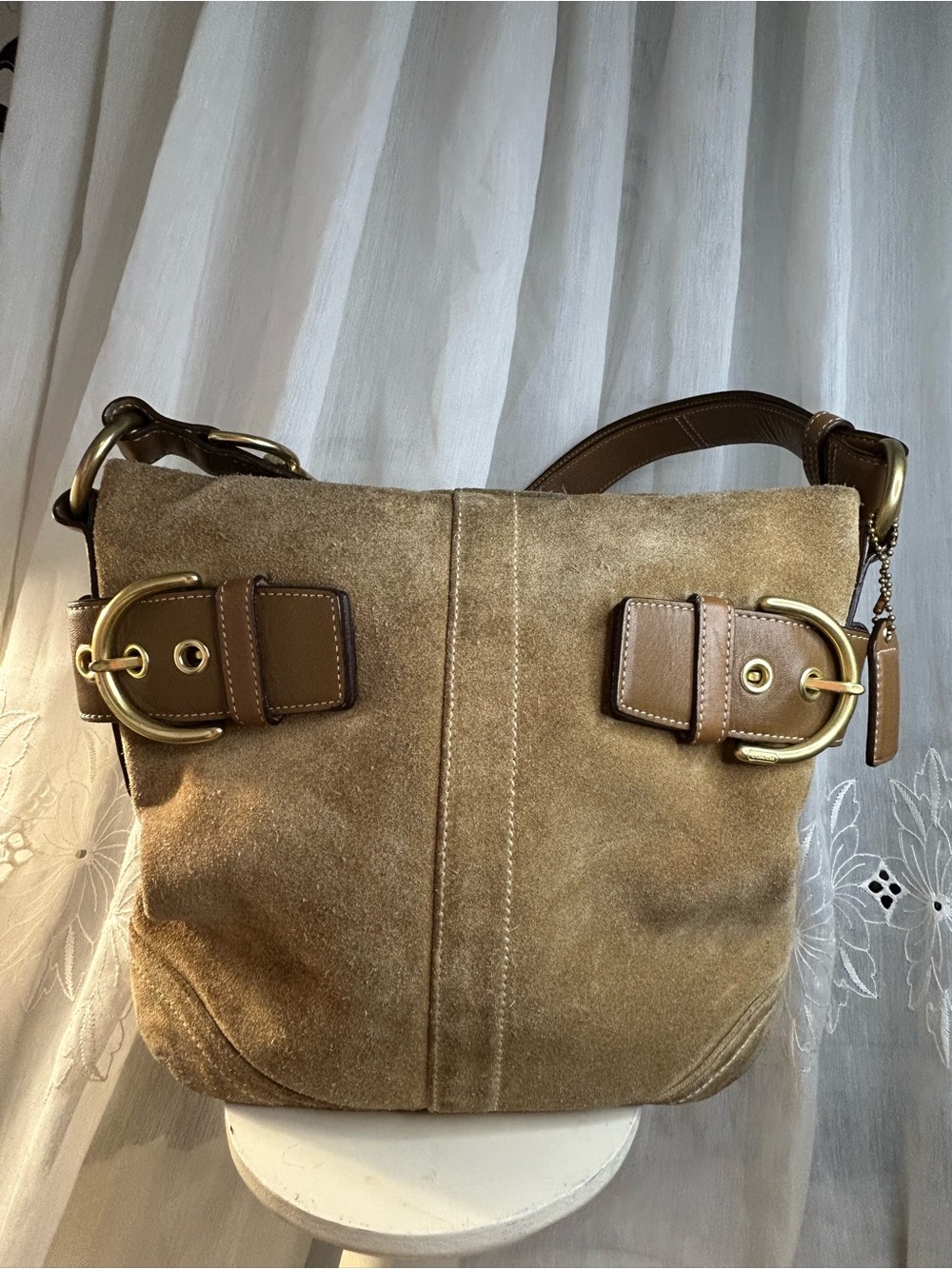 Coach Suede SOHO Shoulder / crossbody  Bag in Tan with Brass Buckle Hardware